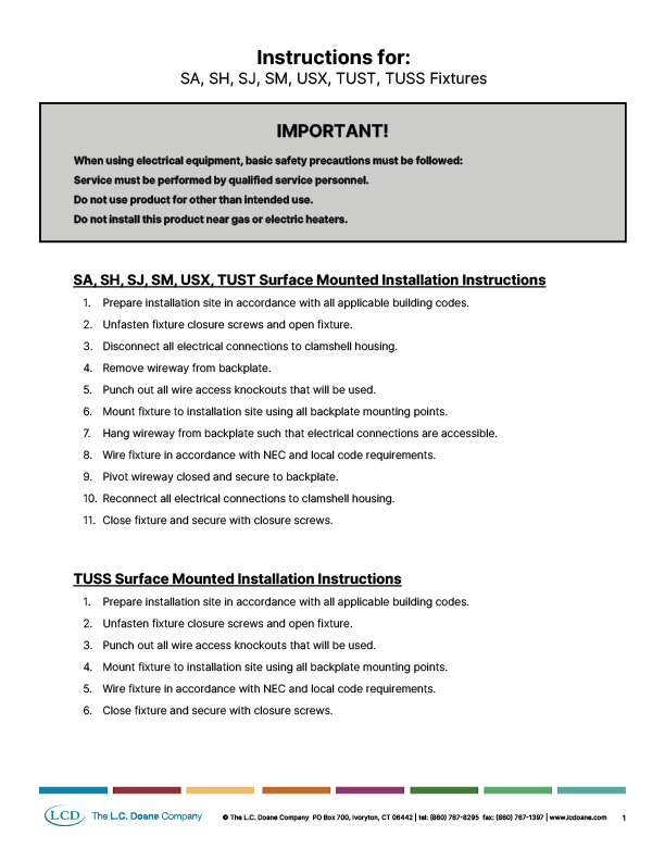 L.C. Doane SA, SH, SJ, SM, USX, TUST, TUSS Installation Instructions